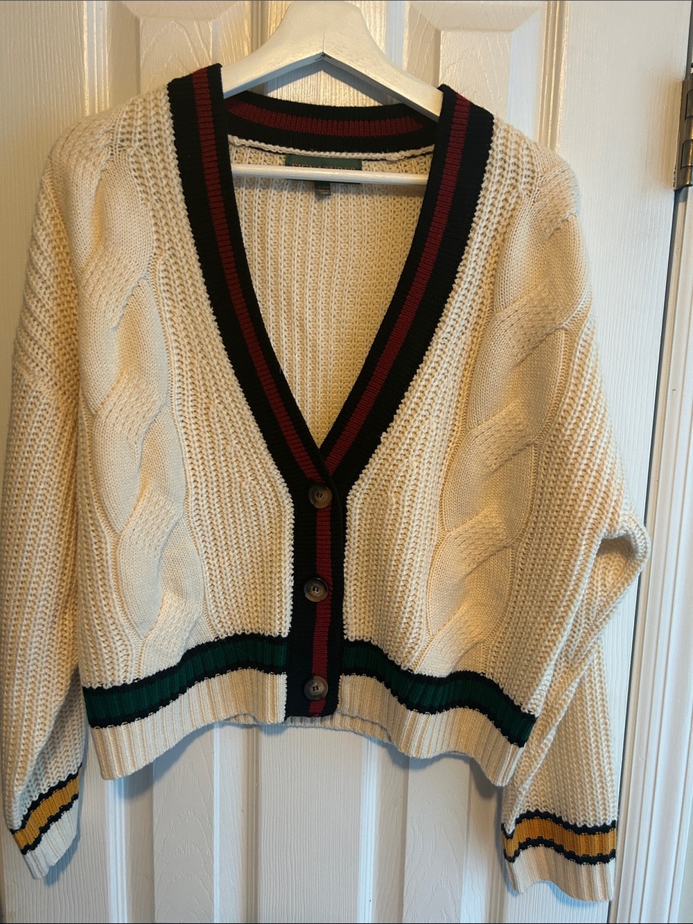 Signature Cream Cable Knit Cardigan with Red, Black & Green Trim